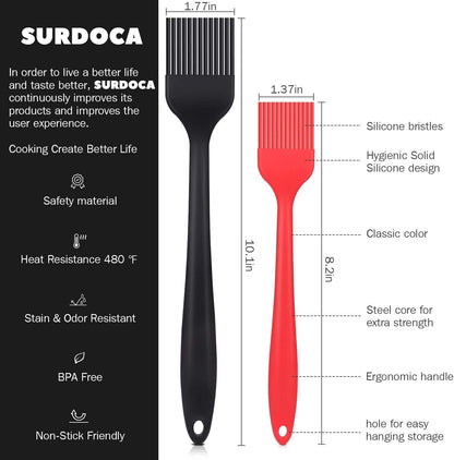 SURDOCA Silicone Pastry Basting Brush - 2Pcs 10 + 8 in Heat Resistant Brush for Baking Cooking Food, BPA Free Kitchen Brush for Sauce Butter Oil, Stainless Steel Core Design for Barbecue BBQ Grilling